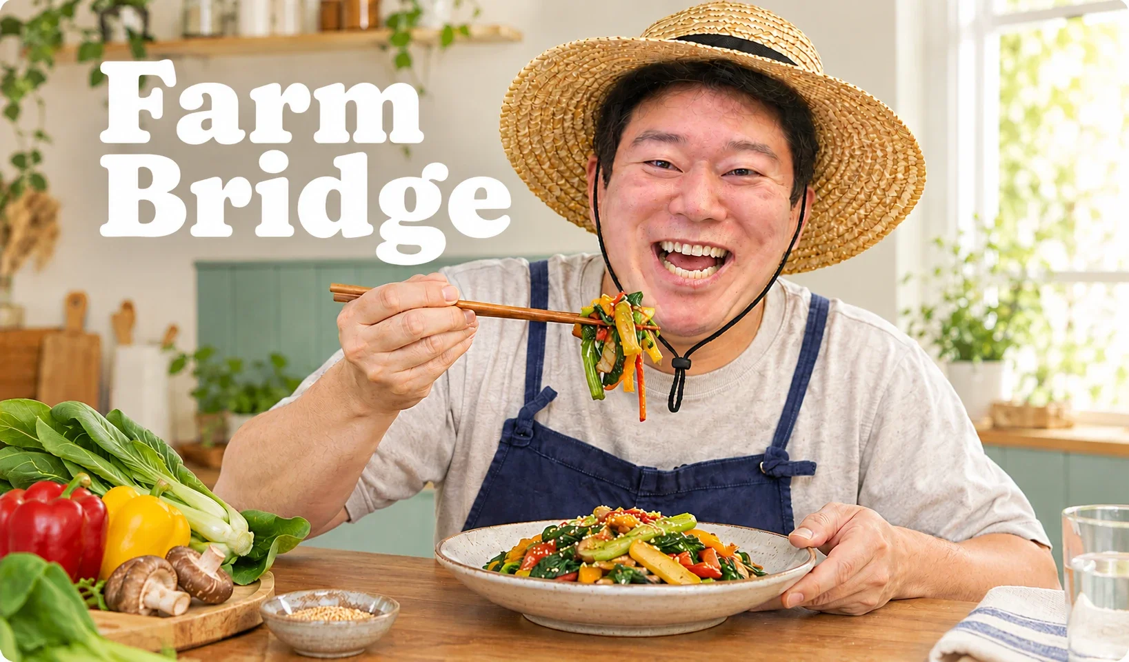 FarmBridge. 밀짚모자를 쓴 농부가 채소 요리를 맛있게 드시는 모습